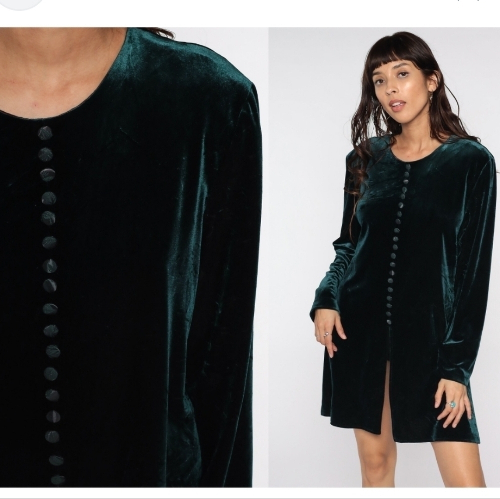 VTG JBS Velvet Blouse Women 10P Green Long Sleeves Popover Padded High Slit